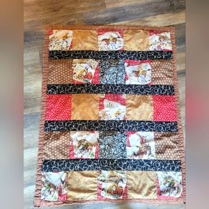 Vintage Lap Quilt Throw 1950s Western Cowboy Rodeo Horses Multicolored Handmade